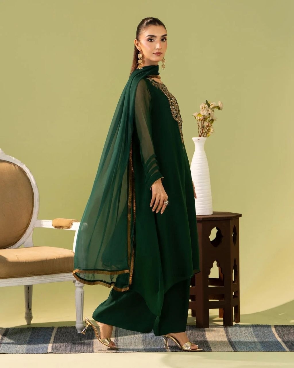 Premium Georgette Silk Embroidered Kurti Set with Bottom & Lace Dupatta