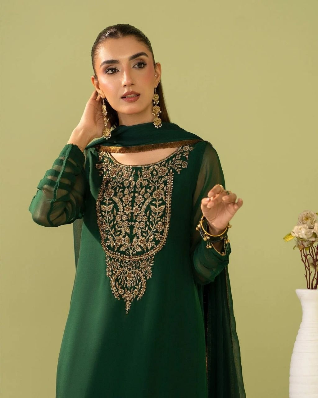 Premium Georgette Silk Embroidered Kurti Set with Bottom & Lace Dupatta