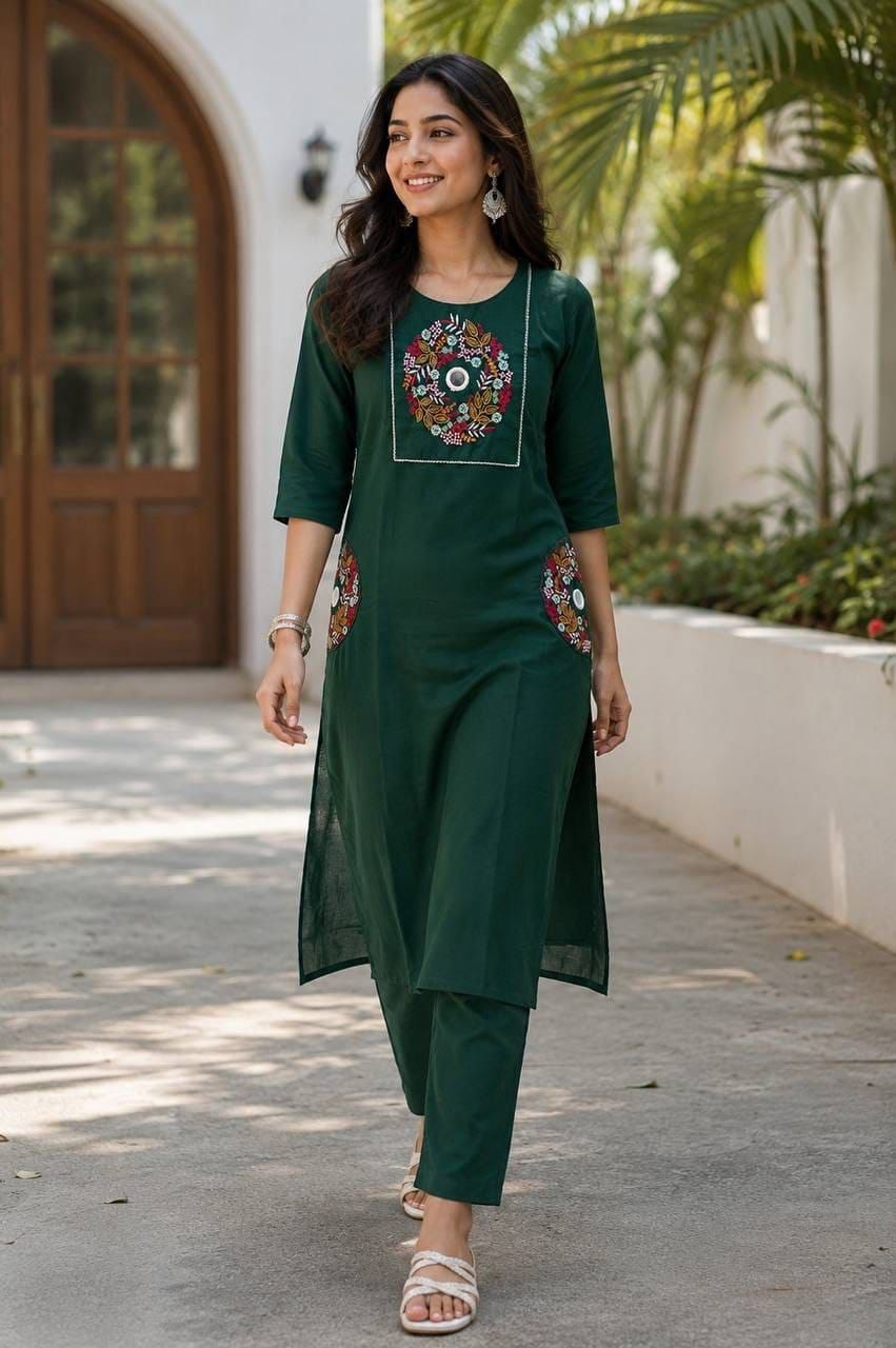 Women's Embroidered Slub Cotton Kurta Pant Set | Premium Cotton Ethnic Wear