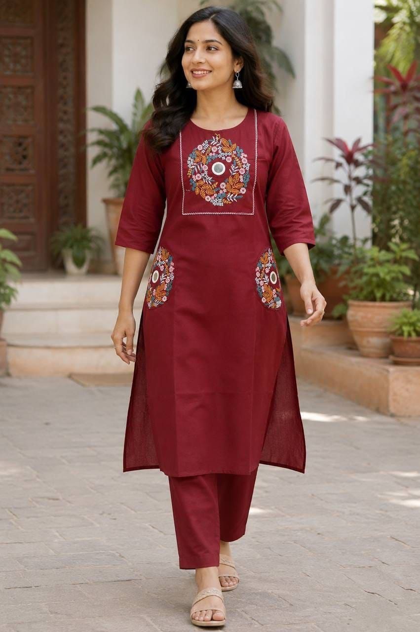 Women's Embroidered Slub Cotton Kurta Pant Set | Premium Cotton Ethnic Wear