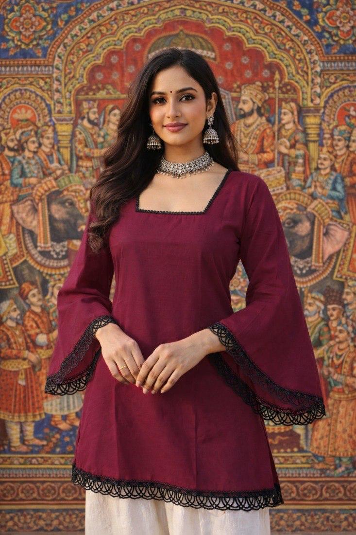 Luxe Roman Silk Lace Detail Short Kurti for Women | Elegant Everyday & Festive Ethnic Wear