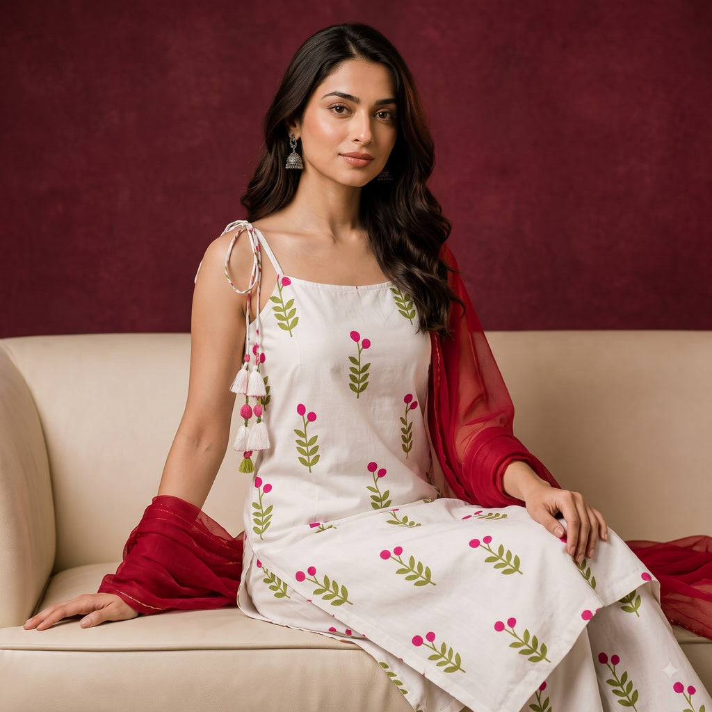 White Floral Rayon Kurti Set with Palazzo & Georgette Dupatta | Festive Ethnic Wear