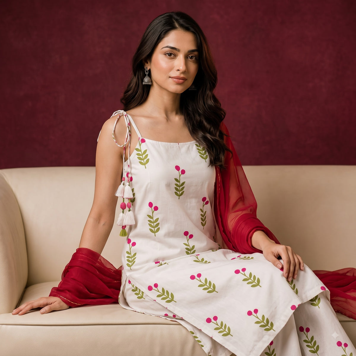 White Floral Rayon Kurti Set with Palazzo & Georgette Dupatta | Festive Ethnic Wear