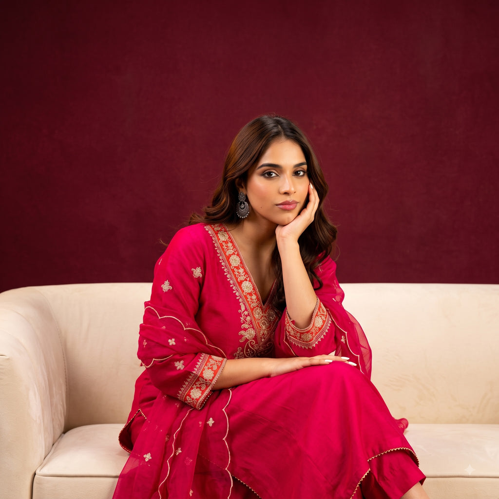 Women's Embroidered Viscose Chanderi Kurta Set with Organza Dupatta | Premium Ethnic Wear