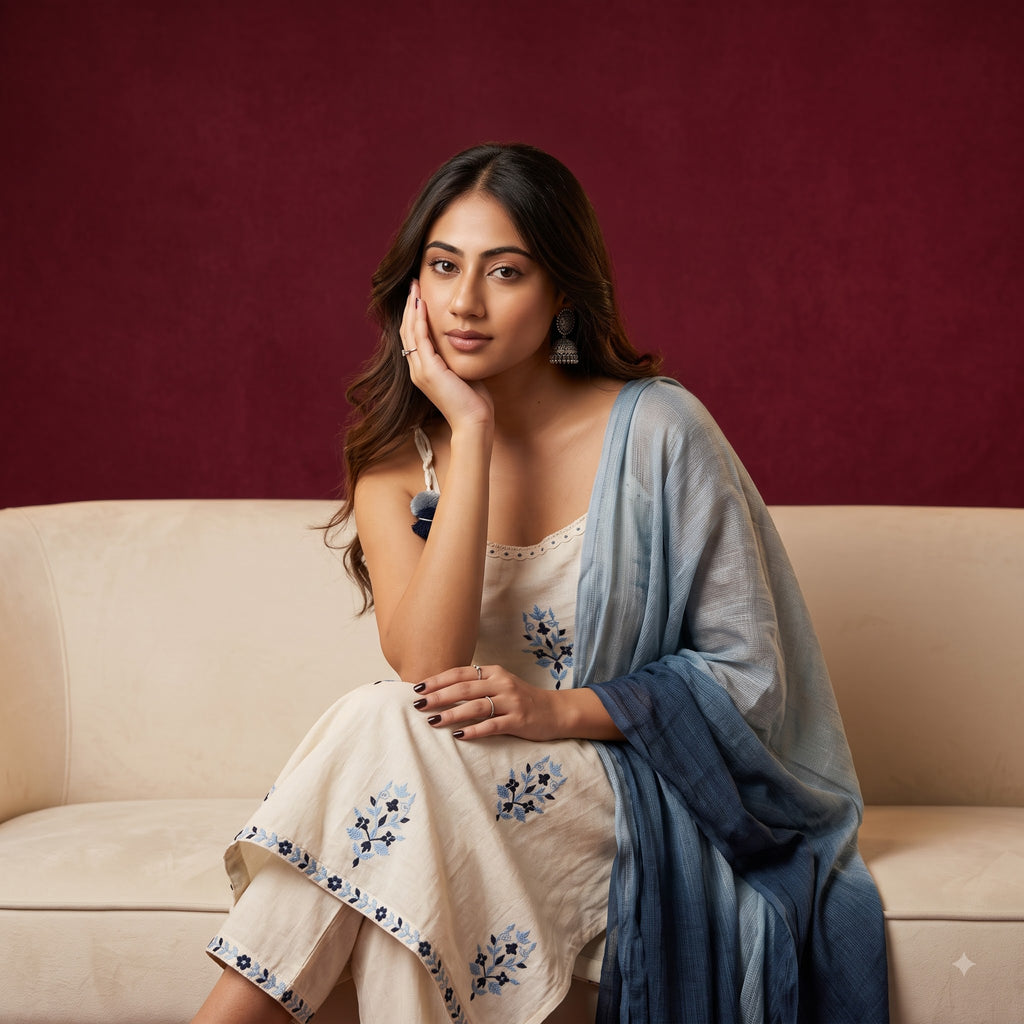 Cotton Flex Embroidered Kurta Set for Women | Kota Check Dupatta & Bottom