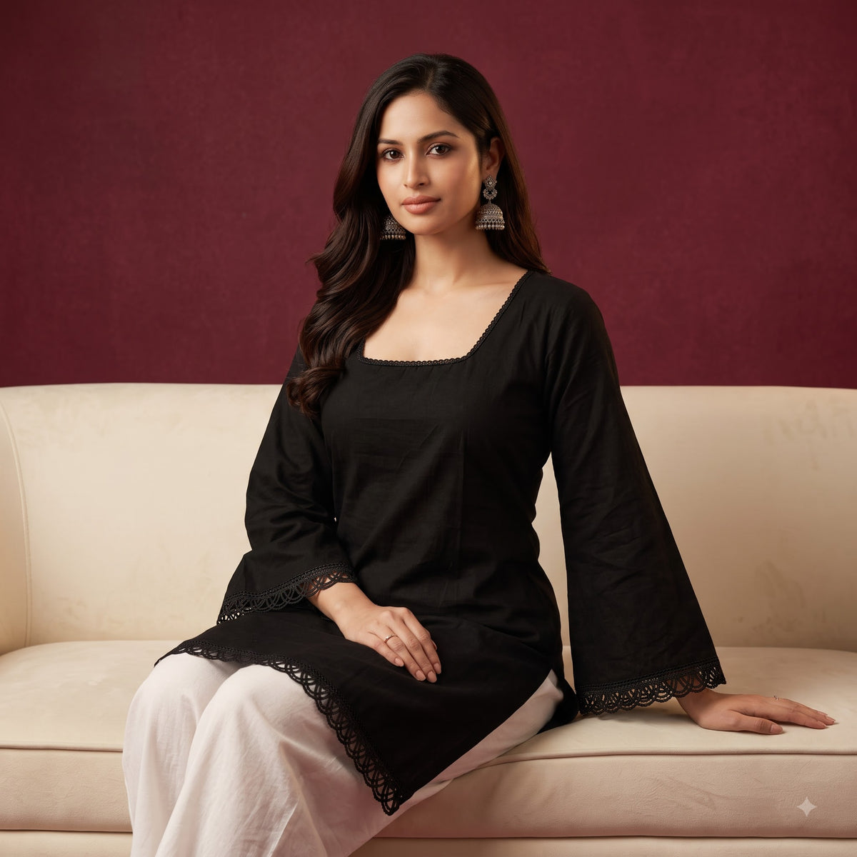 Luxe Roman Silk Lace Detail Short Kurti for Women | Elegant Everyday & Festive Ethnic Wear